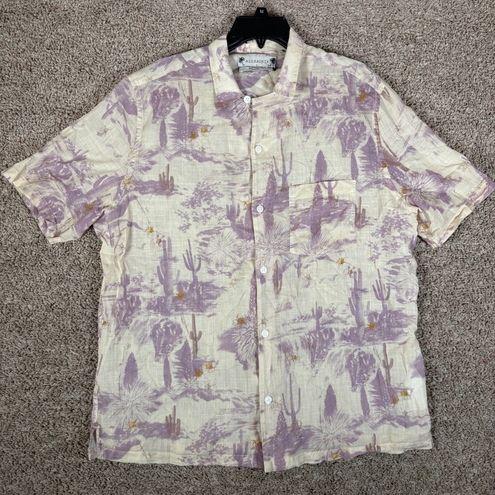 AllSaints Joshua Tree SS Shirt Mens Large Purple Cream Desert Cactus Relaxed Fit